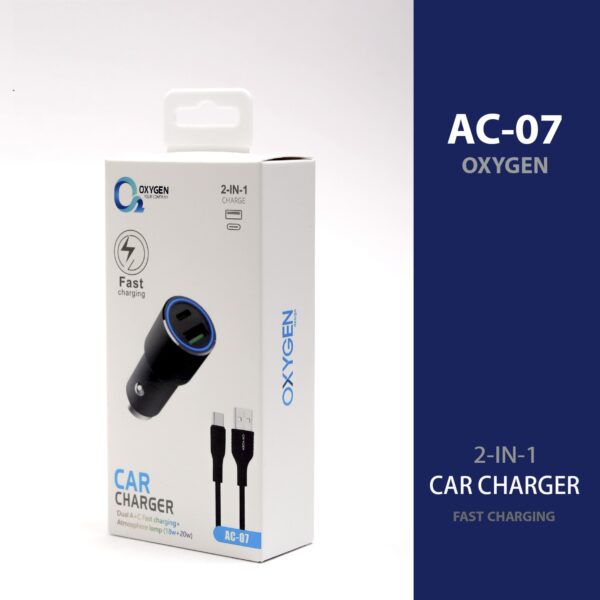 شارژر فندکی 20 وات اکسیژن مدل AC-07 به همراه کابل تبدیل USB-C